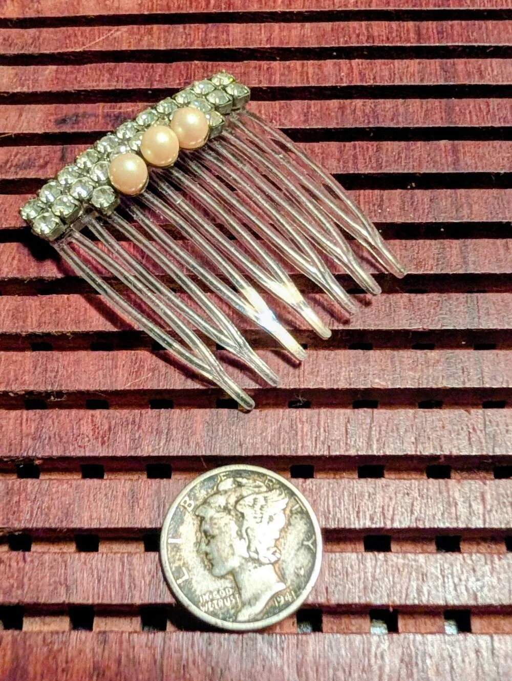 Vintage Rhinestone & Pearl Hair Comb - Pink Pearls, Silver Tones